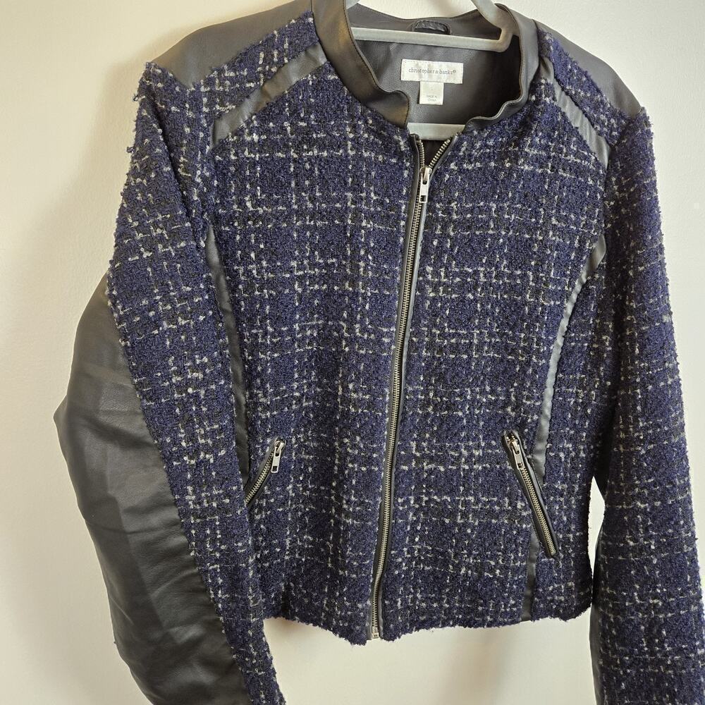 Christopher & Banks Women Nubby Tweed Jacket LARGE Zip Faux Leather Accent Moto